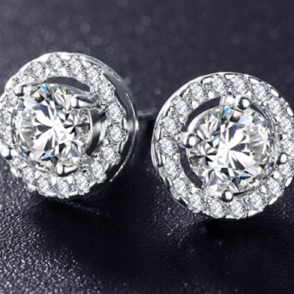 New Round Stud Diamond Sterling Silver Earrings - Picture 8 of 14